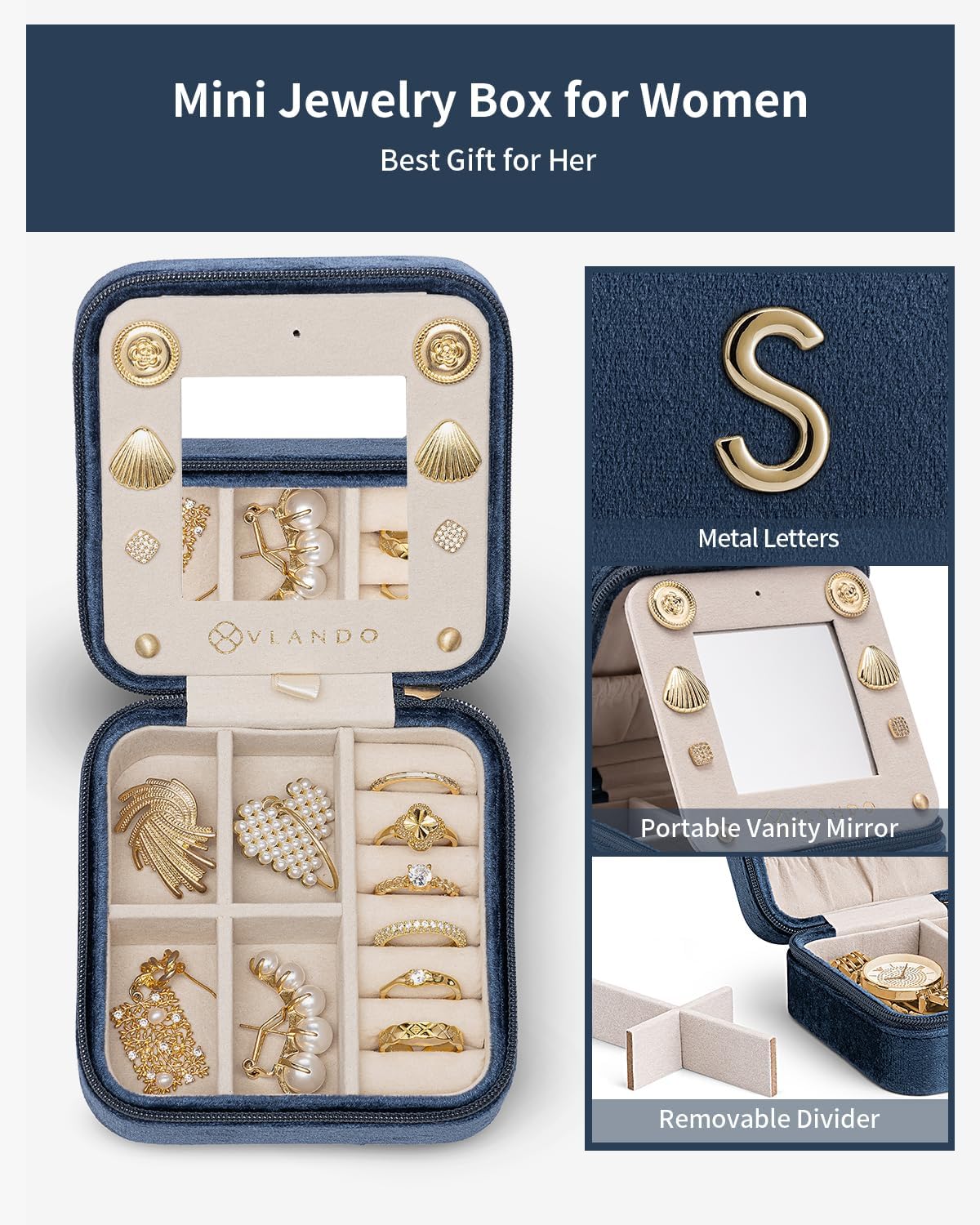 Vlando Travel Jewelry Organizer for Women, Travel Jewelry Organizer, Necklace Organizer Earrings Ring Organizer, Jewelry Travel, Travel Gifts for Women Travel Essentials - Letter S, Dark Blue