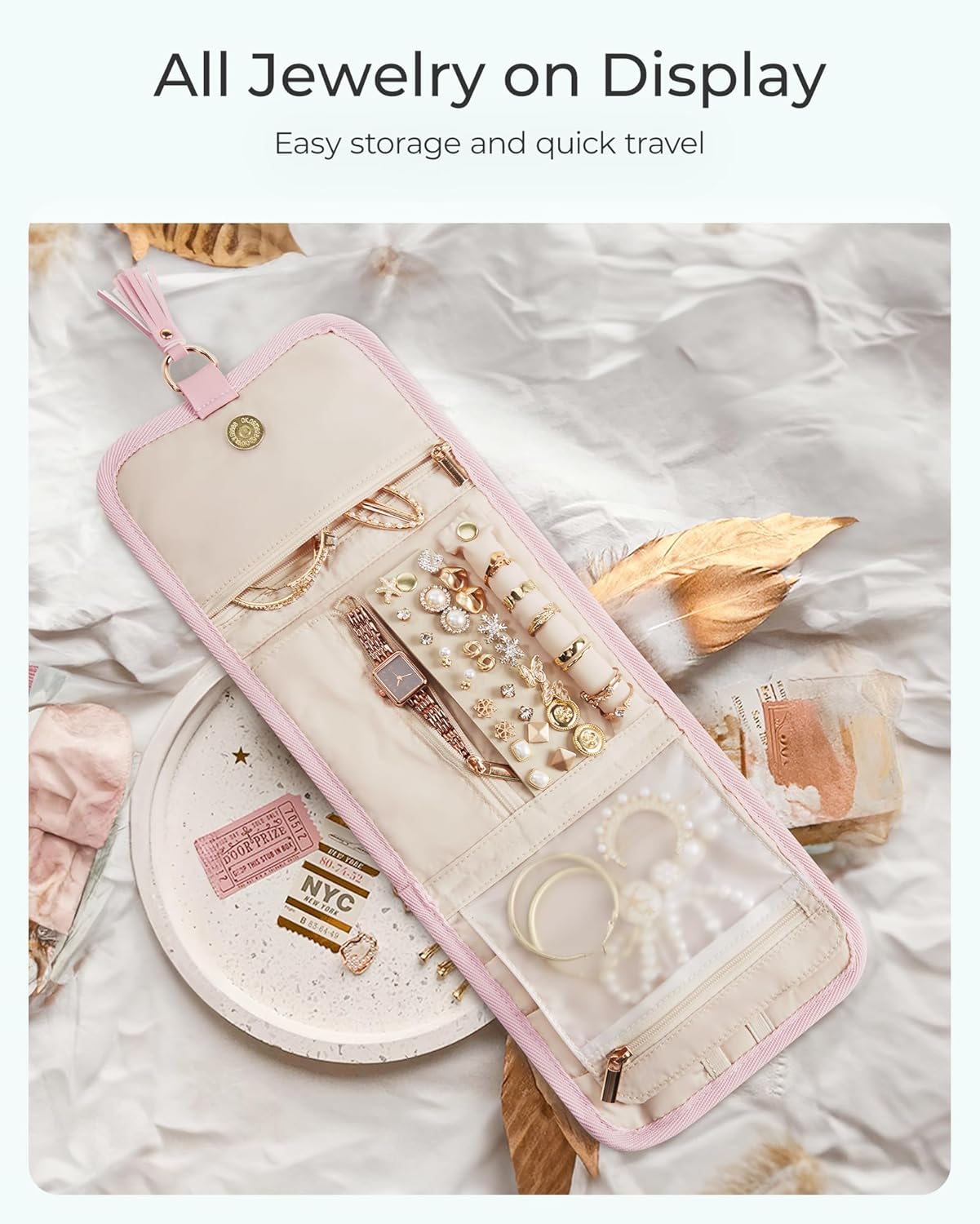 BAGSMART Travel Jewelry Case Organizer, Roll Foldable Jewelry Case for Journey-Rings, Necklaces, Earrings, Bracelets, Brooches, Min, Beige