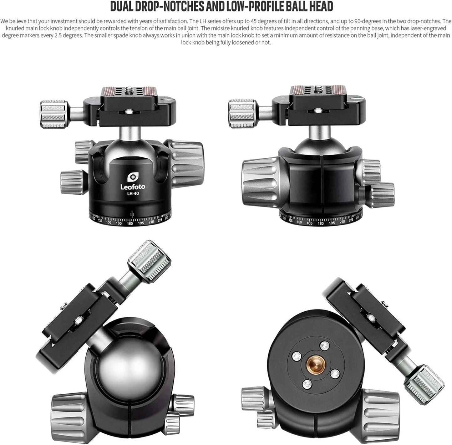 Leofoto Carbon Fiber Travel Tripod with 360° Ball Head, Lightweight Compact Professional Camera Tripod, Weight 4lbs, Max Loads 33lbs/15kg (LS-324CX+LH-40)