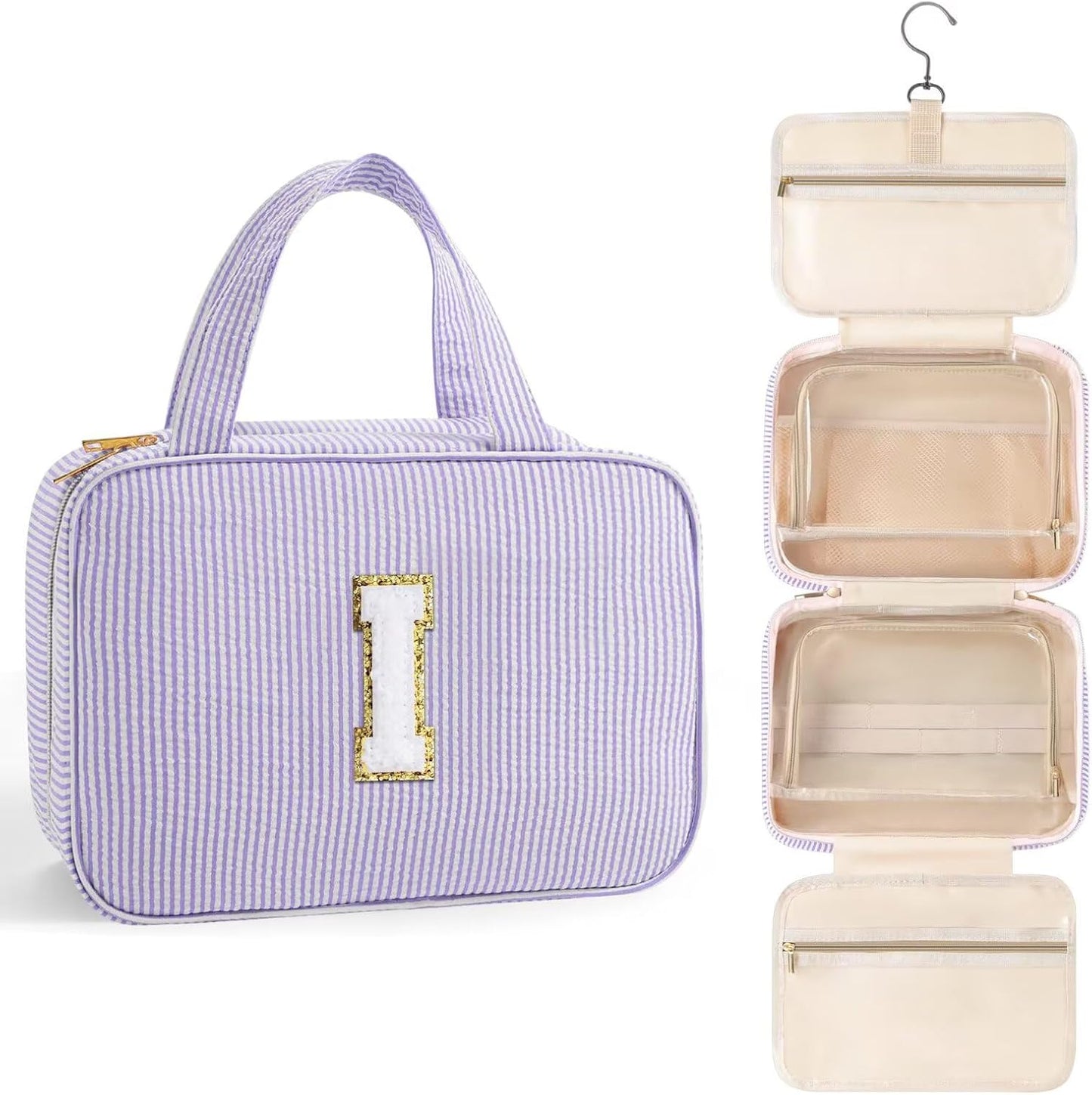 TOPEAST Travel Toiletry Bag for Women - Hanging Toiletry Bag Makeup Bag, Portable Toiletries Cosmetic Bag, Airplane Travel Essentials - Letter I, Purple