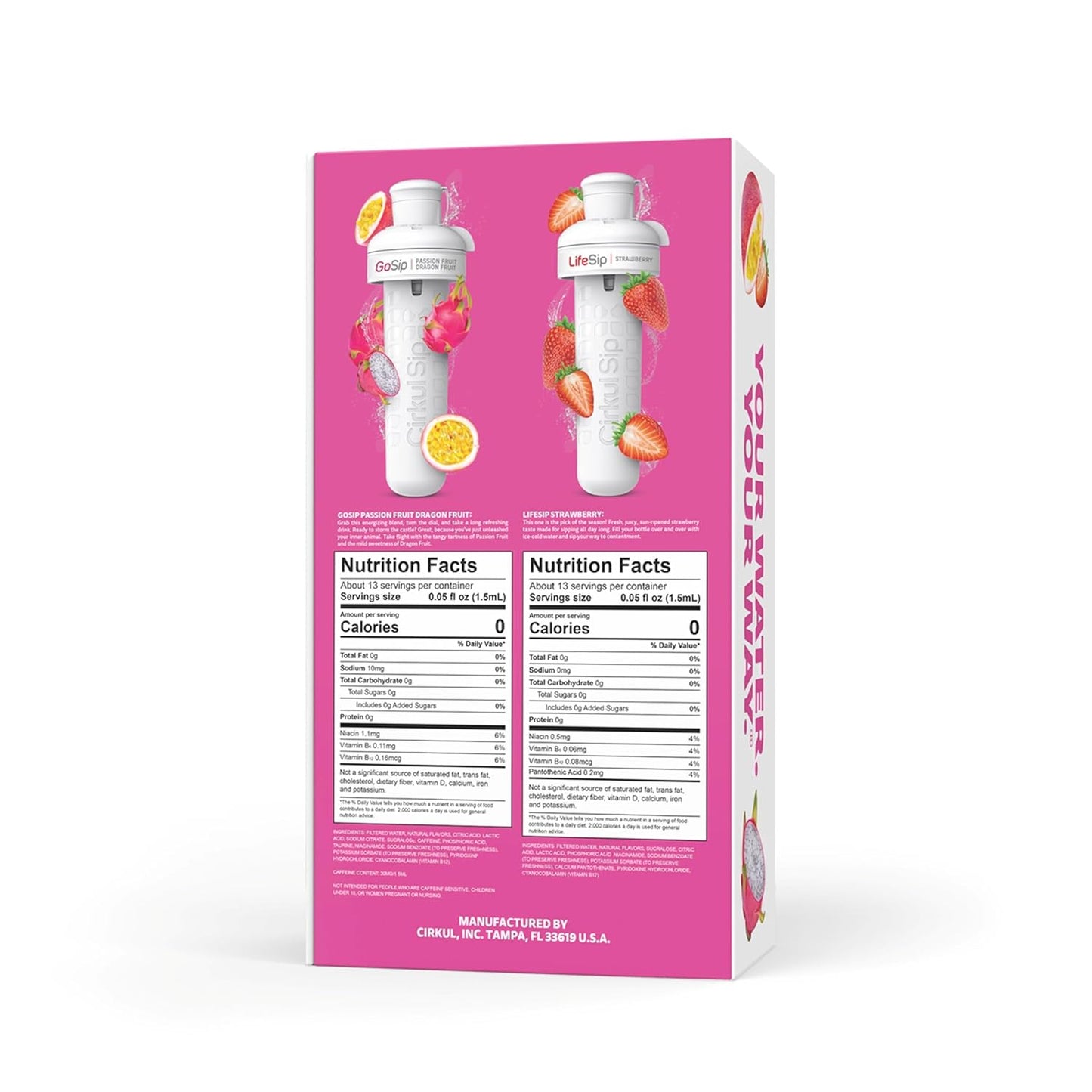 Cirkul 32oz. Hot Pink Stainless Steel Water Bottle Starter Kit with Pink Lid and 2 Flavor Cartridges (1 LifeSip Strawberry, 1 GoSip Passion Fruit Dragon Fruit) No Sugar, Zero Calorie Drink Mix