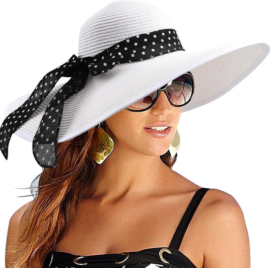 DRESHOW Beach Hats for Women Big Straw Wide Brim Summer Hat Floppy Foldable Roll up Cap Sun Hat UPF 50+