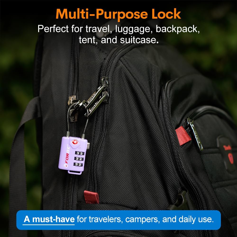 Forge TSA Approved Luggage Locks, Re-settable Combination with Alloy Body, Purple 4 Locks.