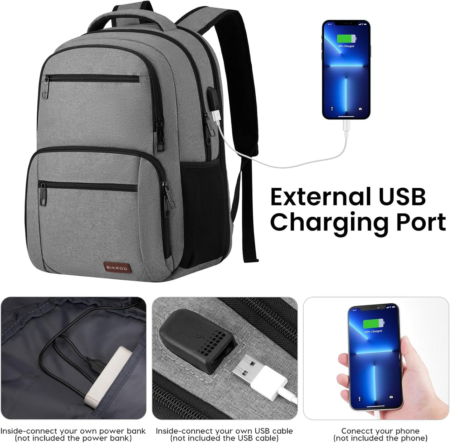 BIKROD Backpack for Men and Women, School Backpacks Water Resistant Back Pack with USB Charging Port, TSA Travel Backpack, Business Anti Theft Sturdy Computer Bag Gifts Fits 17.3 Inch Laptop, Grey