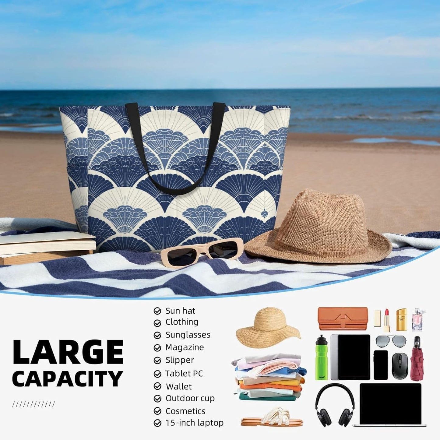 Beach Bag for Women Beach Tote Bag Waterproof Sandproof Large Bags with Zipper Big Capacity for Vacation Travel
