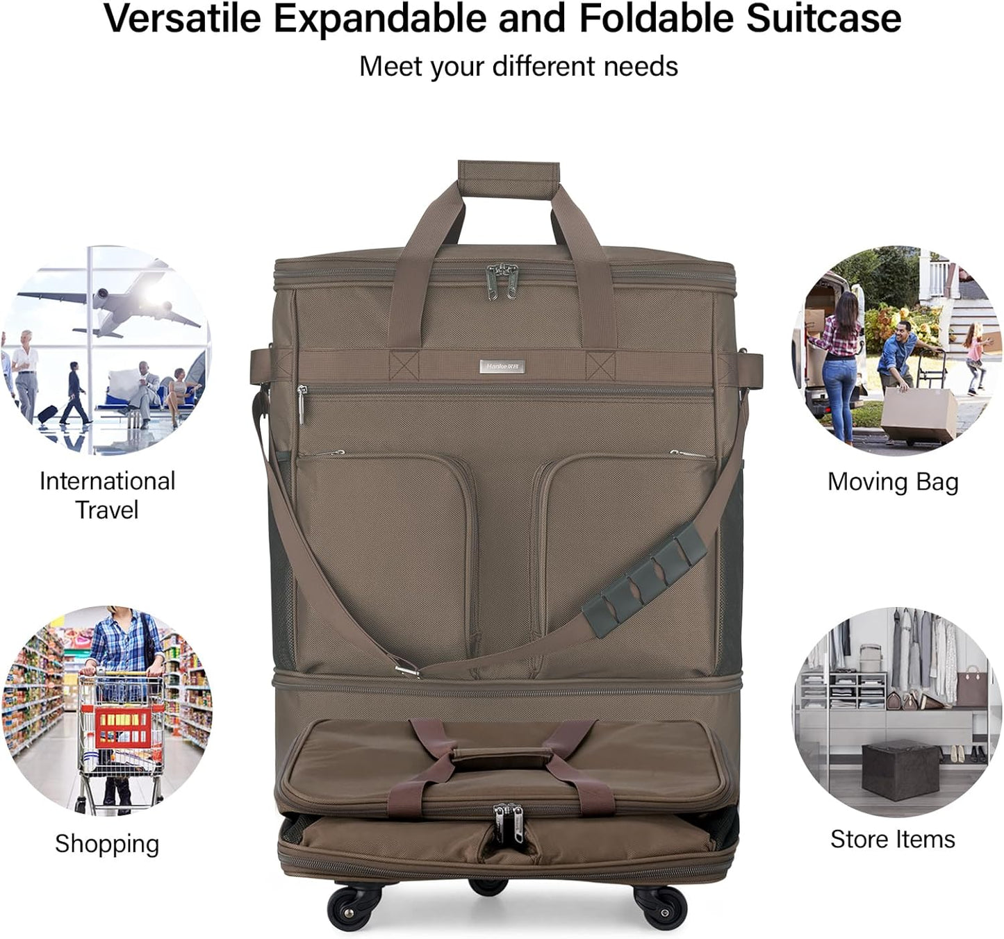Hanke Expandable Collapsible Luggage with Wheels Suitcase, Rolling Travel Bag, Duffel Garment Tote Bag for Men Women, Lightweight Suitcase, Large Capacity Luggage with Spinner Wheel (Coffee)