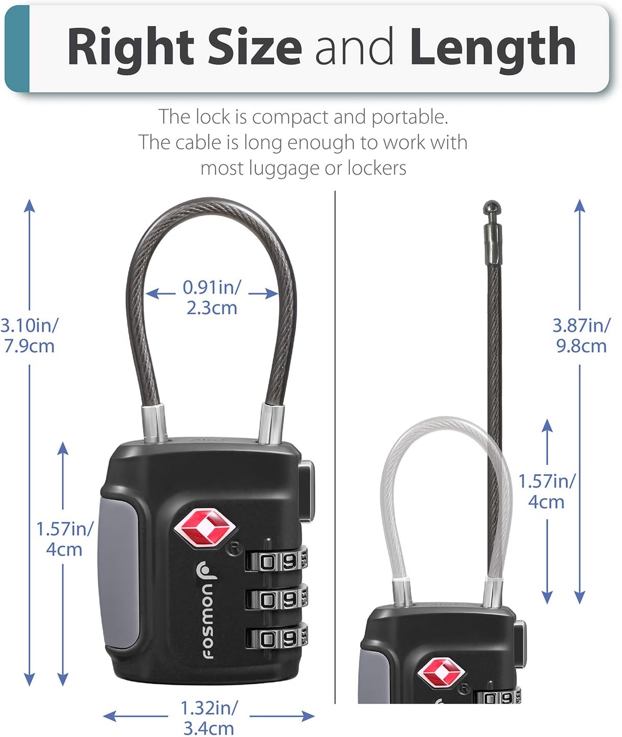 Fosmon TSA Approved Cable Locks for Luggage, Suitcase, Gun Case Lock with Push Release Button, 3 Digit Long Shackle Combination Wire Lock for Backpack