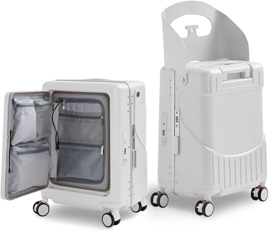 20 Inch Ride on Luggage With Seat For Kids&Adults,with Front Pocket, Foldable Seat Back TSA Approved Lock, 360° Spinner Wheels (20 inch,White)