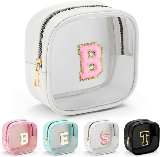 YOOLIFE Initial Make Up Bag Travel Toiletry Bag, Clear Makeup Bag Preppy Cosmetic Bags Organizer Travel Essentials Gifts for Women Teen Girlfriend Teacher Mom Birthday Mothers Day Gifts White B