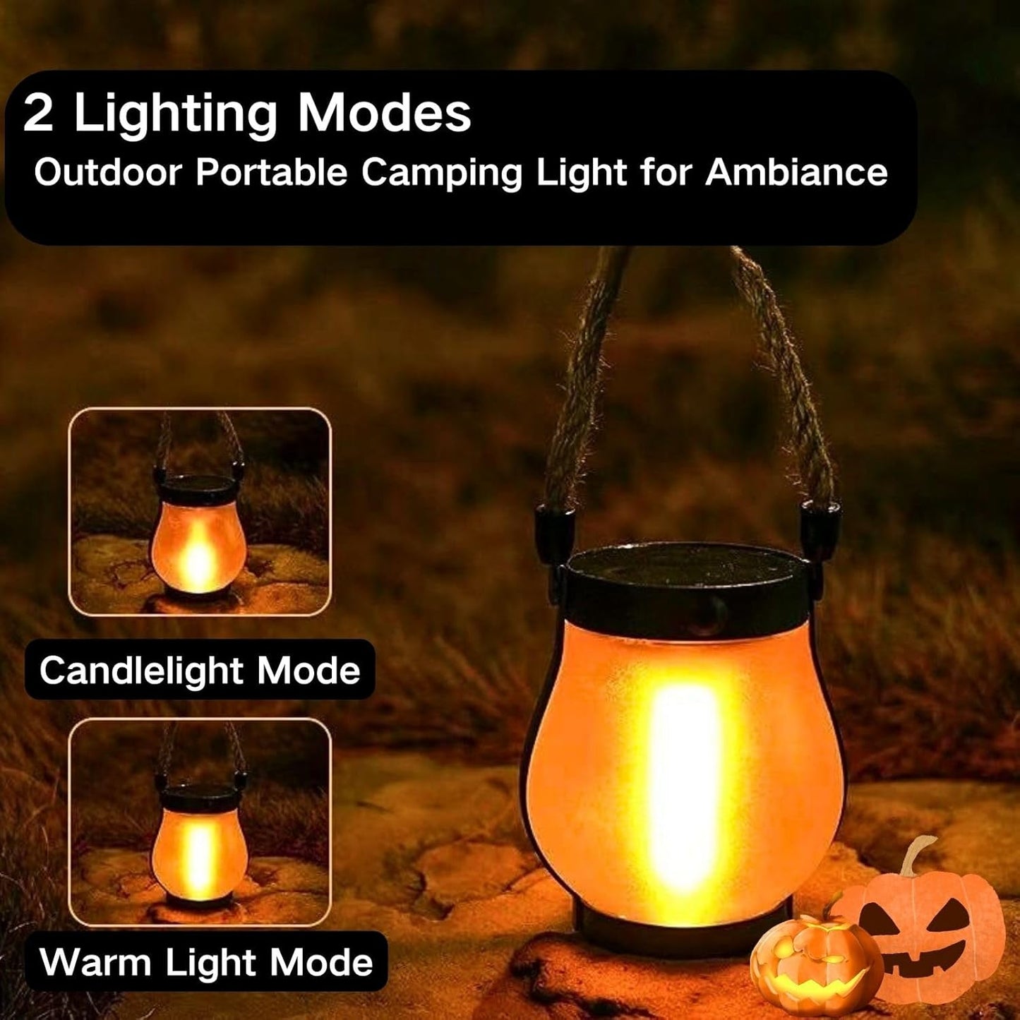 Solar Lantern Outdoor Lights, Flickering LED with Hemp Rope Handle, Dual Charging (Solar & USB), Water-Resistant Hanging Decor for Garden, Yard, Patio, Porch, Pathway, Camping (2)