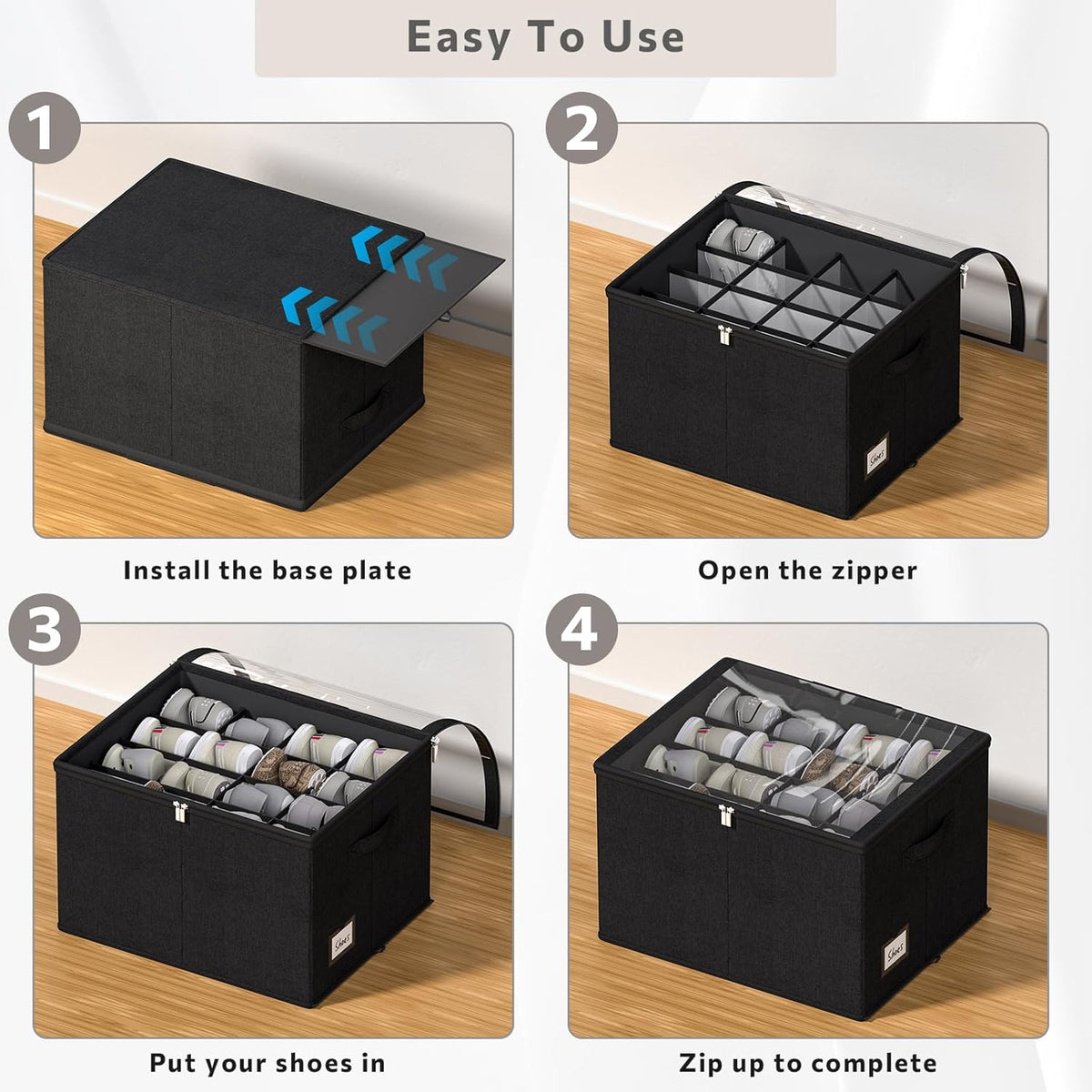 Shoe Organizer for Closet, 2 Pack Sturdy Shoe Storage Bins with Clear Cover, Fits 16-32 Pairs, Foldable Shoe Storage Box with Reinforced Handles (Black, 19.7 * 15.7 * 12.6in)