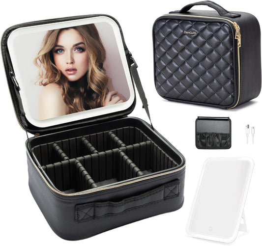 Travel Makeup Bag with LED Mirror – Waterproof Cosmetic Train Case with Adjustable Dividers, Portable Makeup Organizer and Toiletry Bag for Women, Pink Teens & Girls Gift