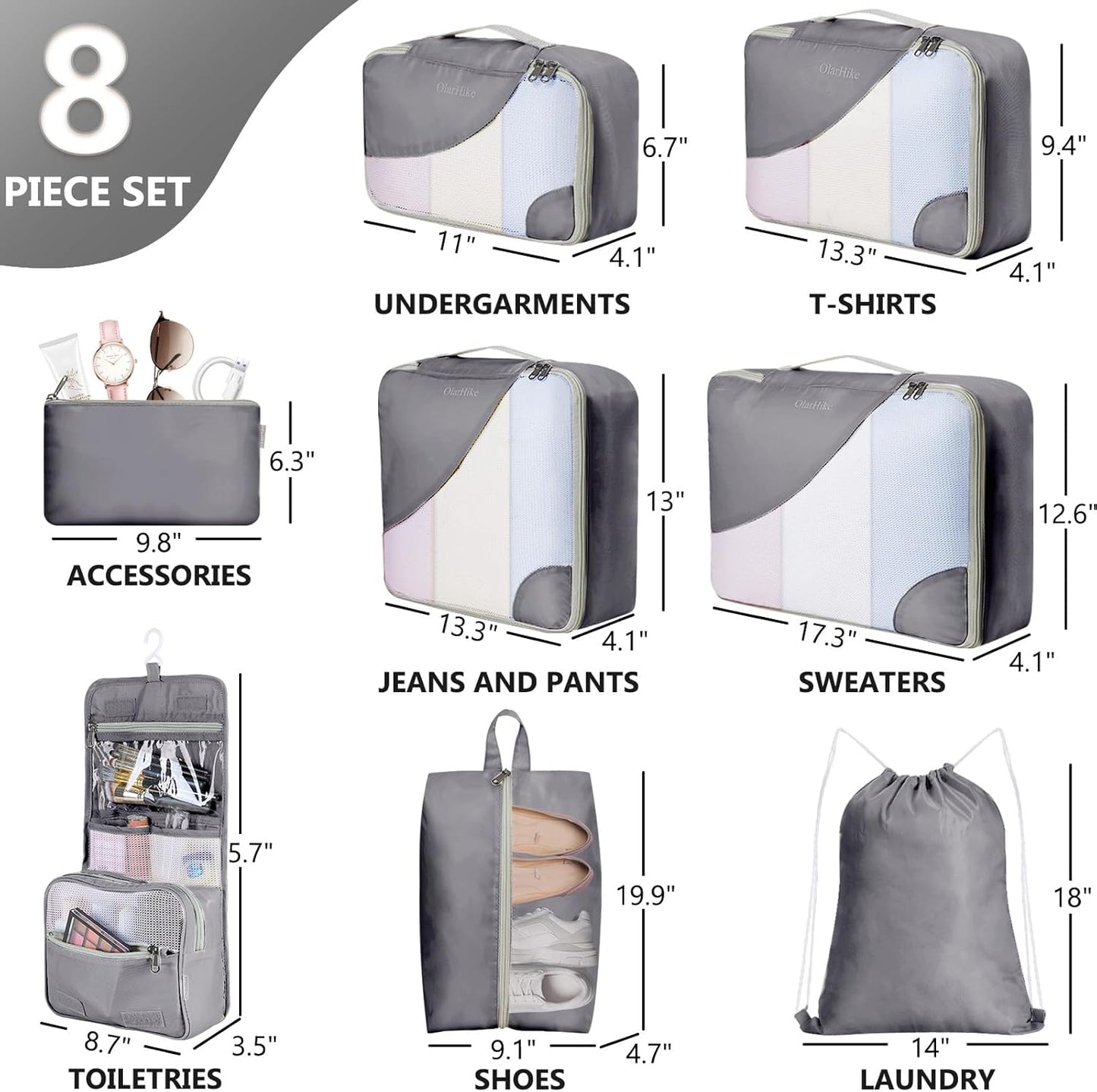 8 Set Packing Cubes for Travel, Gifts for Men,Anti-Tearing Suitcase Organizer for Luggage with Shoe & Hanging Toiletry Bag, OlarHike Vacation Accessories for Cruise, Travel Essentials for Men, Grey