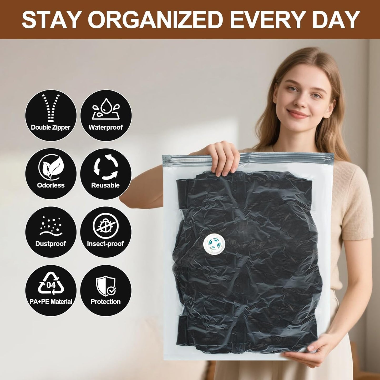 24 Pack Vacuum Storage Bags,Space Saver Bags for Clothing,Comforters,and Bedding,Includes 5 Jumbo, 5 Large, 5 Medium, 5 Small/4 Roll Bags,Compression for Closet & Travel, With Electric Pump