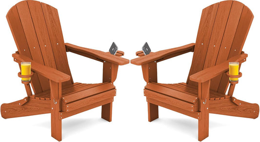 SERWALL Adirondack Chair with Cup Holders - Composite Adirondack Chairs Set of 2 HDPE Outdoor Chairs All Weather Use- Orange
