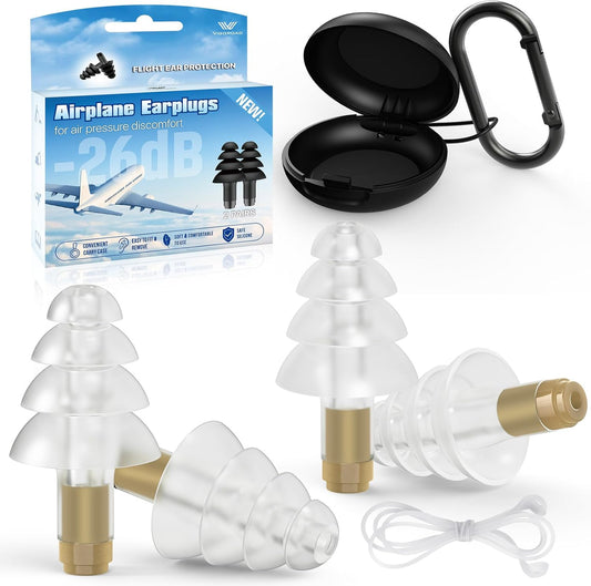 Ear Plugs for Airplane Pressure Relief, 2 Pairs Kids 6+, Adults/Small Canal Reusable Airplane Earplugs 26dB, with Silicone Connector Cord, Travel Essentials for Flying, Ear Protection Earplugs