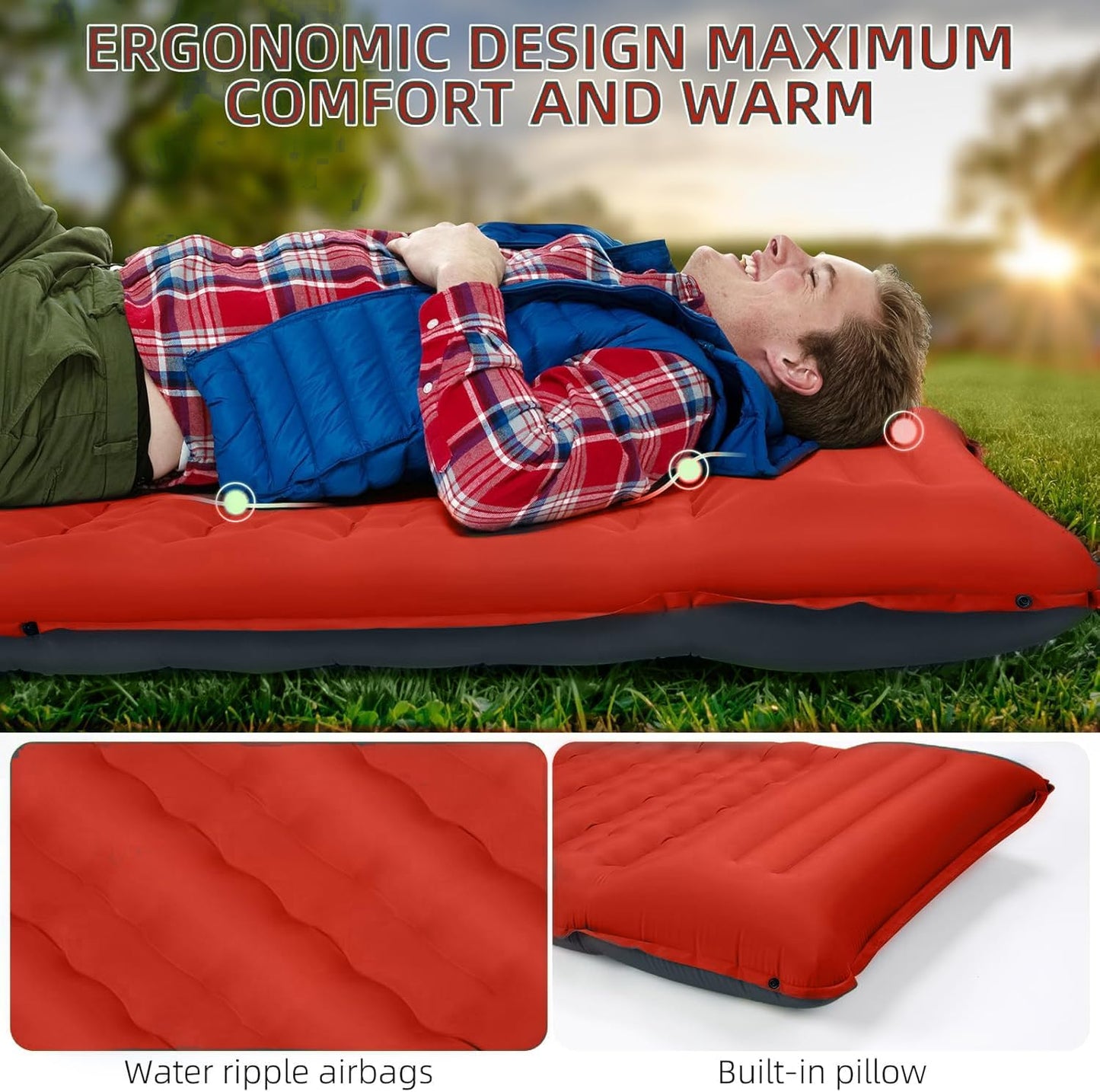 Camping Sleeping Pad, Extra Thick 5 Inch Camping Mat with Pillow Built-in Foot Pump Inflatable Sleeping Pads Compact for Camping Backpacking Hiking Traveling Tent（Orange-Black）
