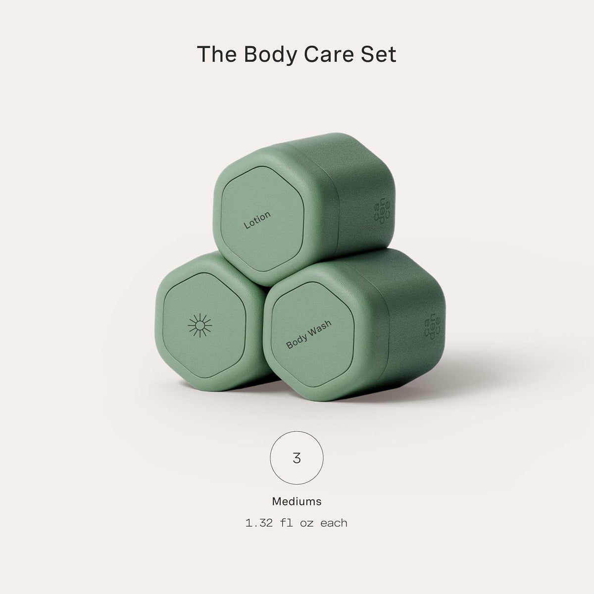 Cadence Travel Containers - Body Care Capsule Set - Magnetic Containers with Lids,Carry On Travel Essentials for Women/Men - 3 Flex Mediums (1.32oz) - Body Wash, Lotion & Sun Icon Labels - Eucalyptus