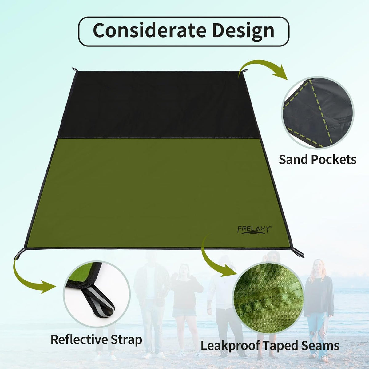 Frelaxy Pocket Picnic Blanket, Waterproof Sandproof Beach Mat, Compact Camping Tarp for Festivals, Hiking, Travel, Outdoor Recreation (Army Green, 57'' x 71'')