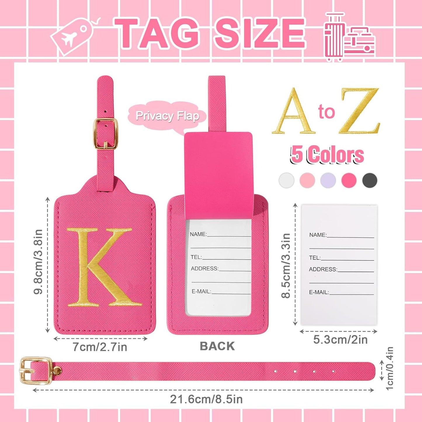 Personalized Initial Luggage Tags with Privacy Cover, Rose Red Leather, Cute Embroidered Custom Monogram Tags for Women, Kids