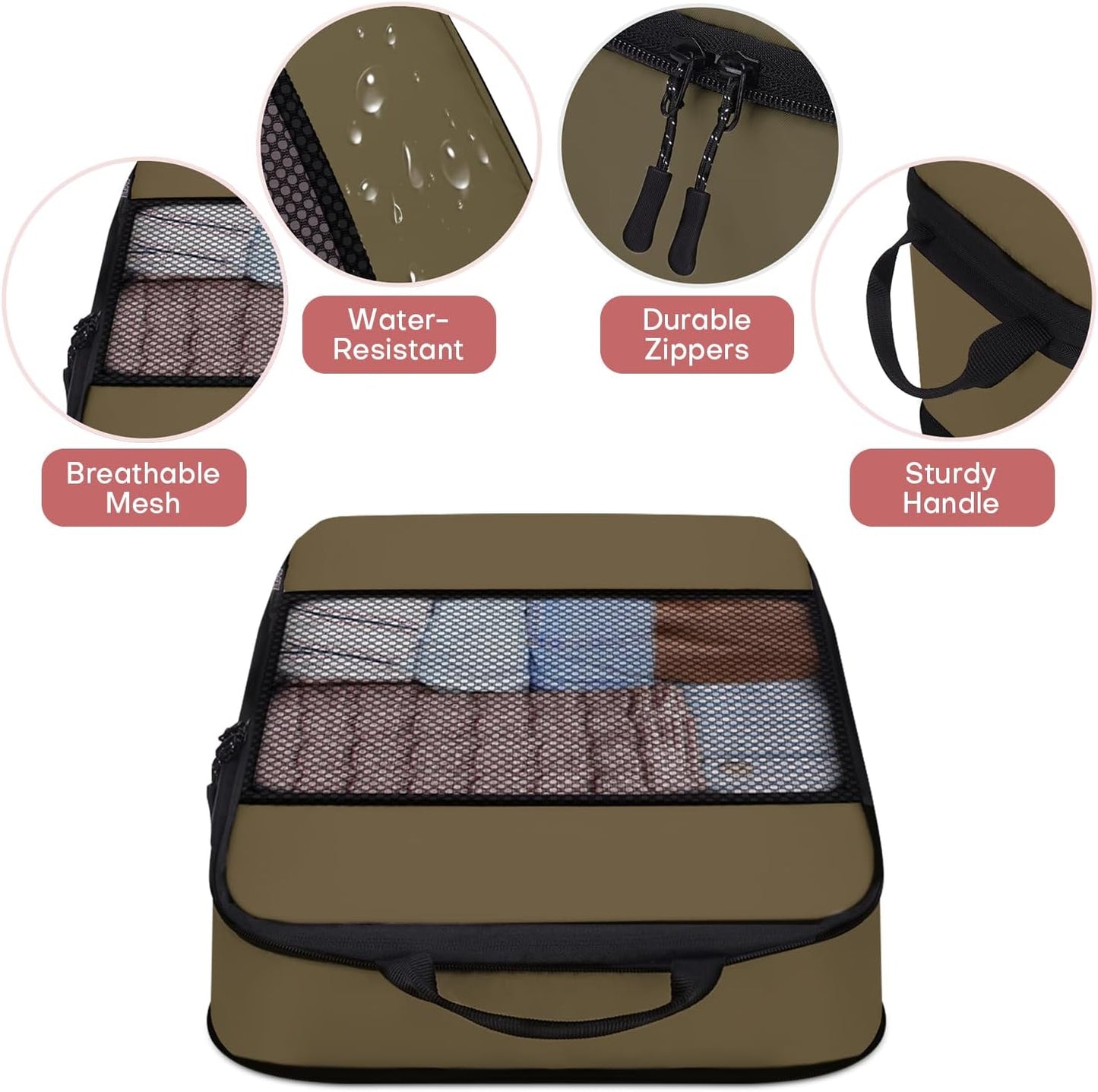 6 PCS Set Compression Packing Cubes for Travel, Lightweight Packing Organizer Bags Travel Essentials for Carry On, Suitcase,Home Closet - Brown