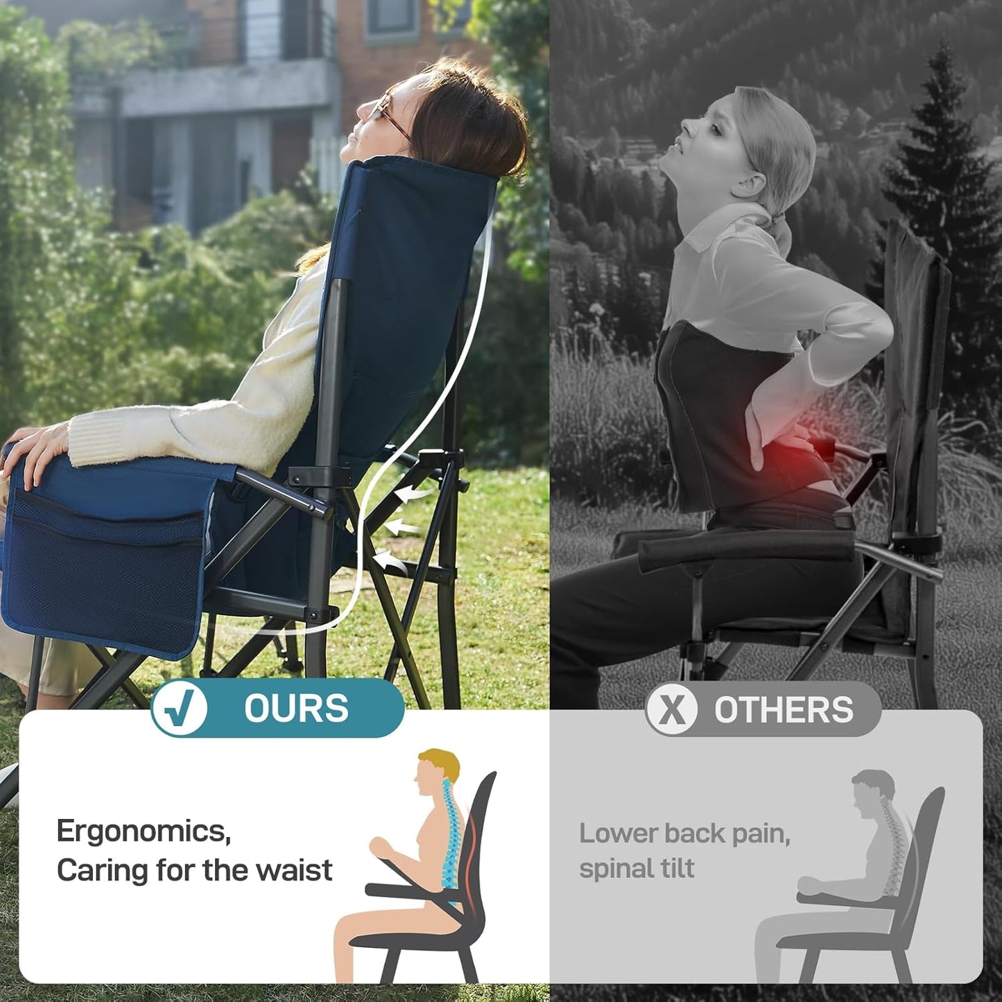 EVER ADVANCED Oversized Folding Camping Chair for Adults with Adjustable Lumbar Support, Heavy Duty Chair with Side Pockets, Portable Collapsible Quad Chair for Outside