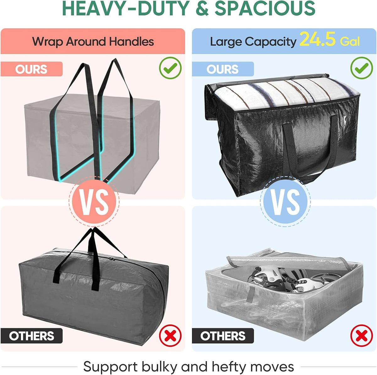 BALEINE 4-Pack Oversized Moving Bags with Reinforced Handles, Heavy-Duty Storage Tote for Clothes, Moving Supplies (Black, 4-Pack)