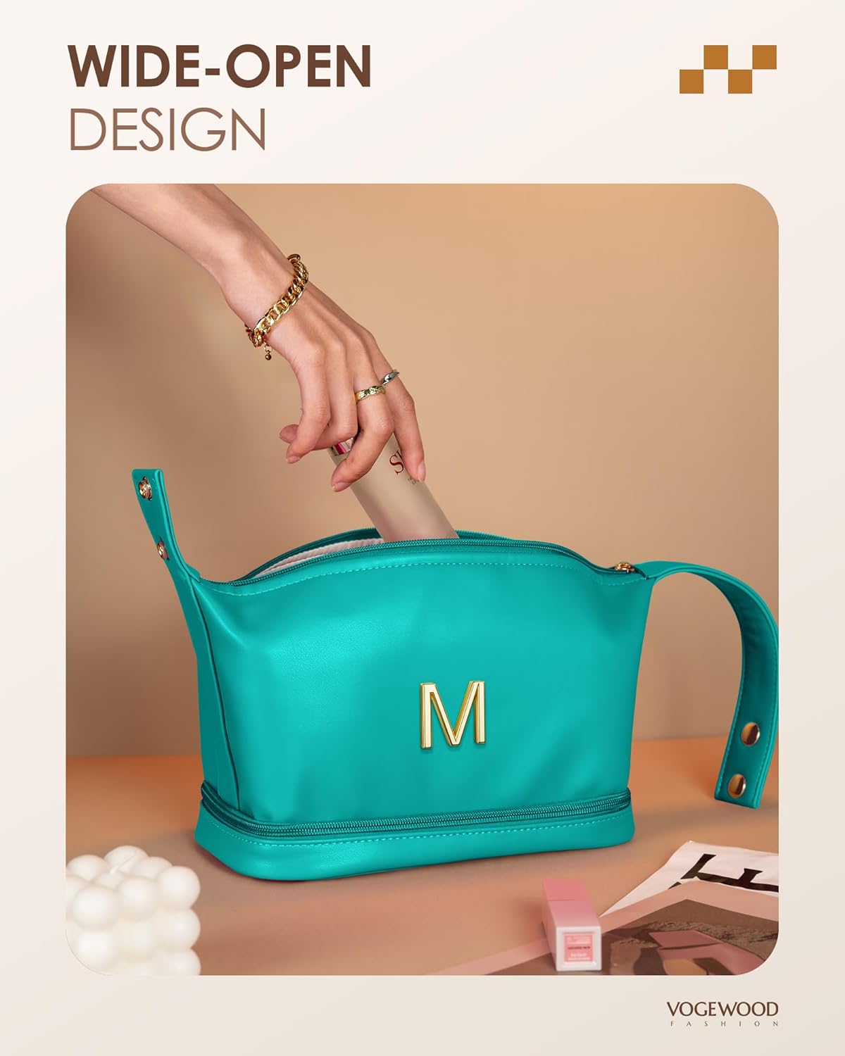 Trendy Gifts for Women/Girls, Personalized Makeup Bag with Handle, Initial Double Layer Cosmetic Bag with Makeup Brush Organizer, Cute Cosmetic Pouch for Women, Gifts for 20 Year Old Female