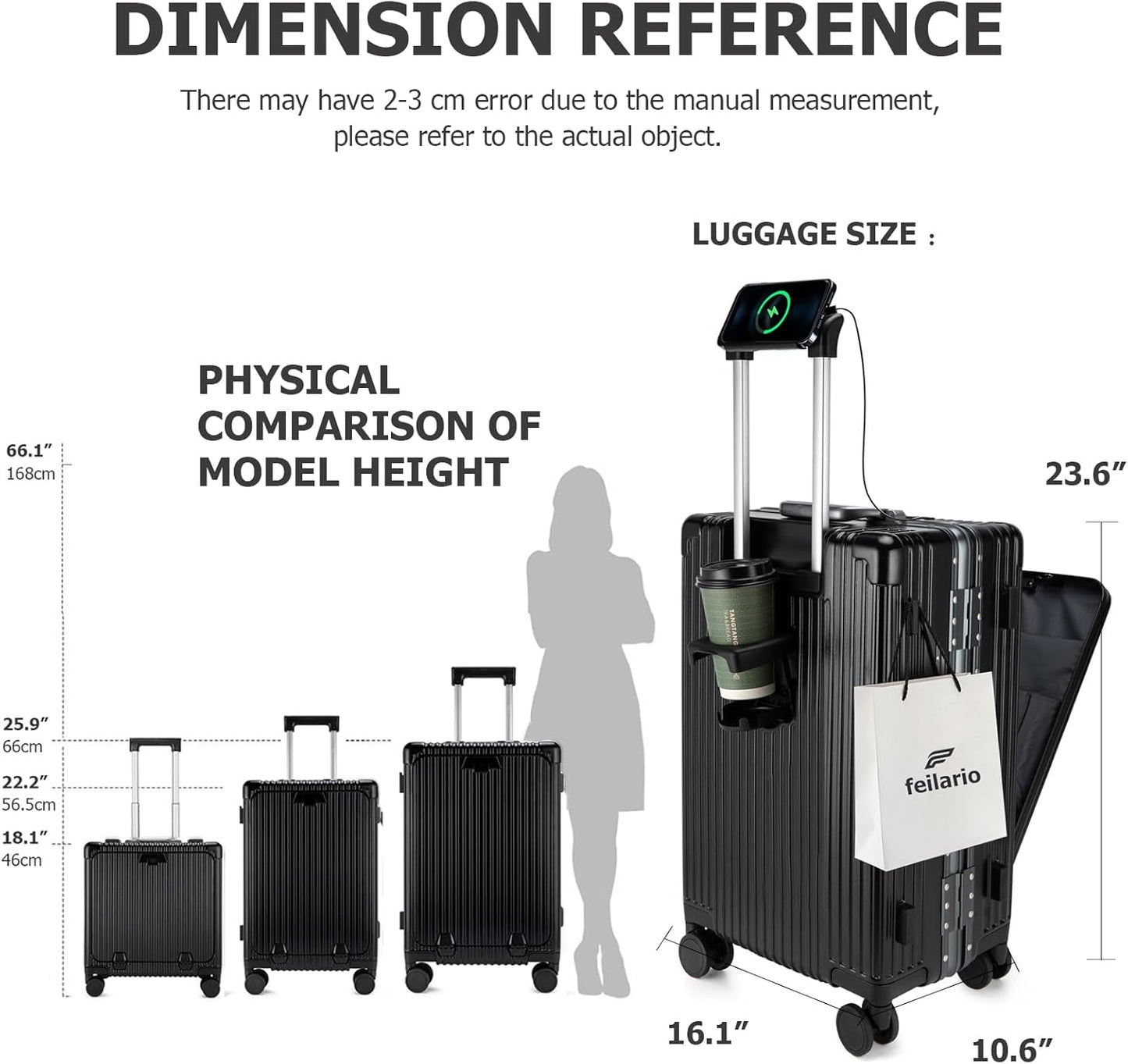 feilario 24in Aluminium Frame PC Hard Shell Spinner Wheels Luggage, Built-In TSA lock Carry on Suitcase, with Cup Holder, USB Port, Phone Holder