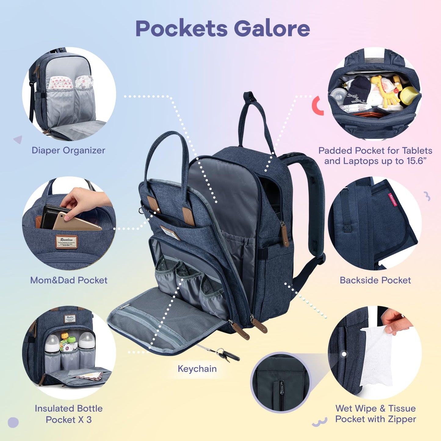 RUVALINO Diaper Bag Backpack, Multifunction Travel Pack Maternity Baby Changing Bags, Large Capacity, Waterproof, Navy Blue