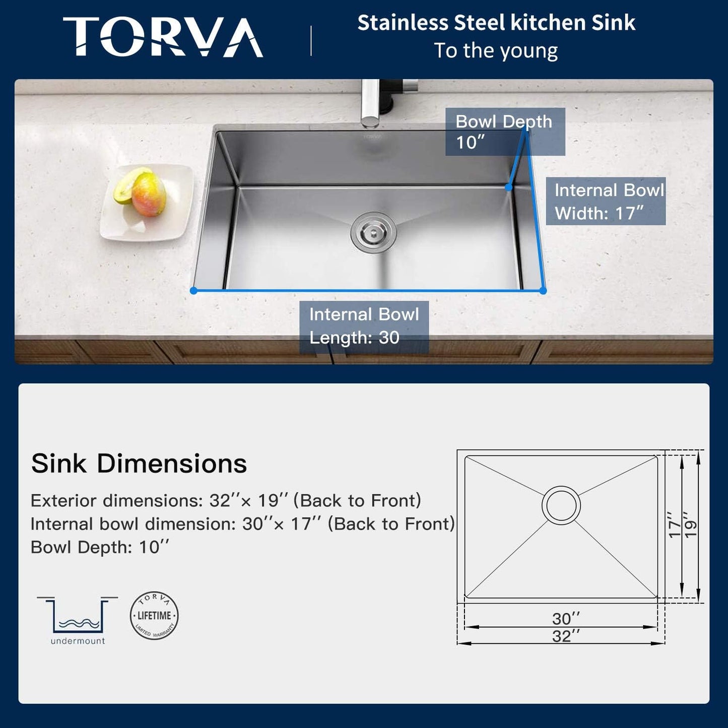 TORVA 32-Inch Undermount Kitchen Sink, Premium 304 Stainless Steel Bar Sink - 10 Inches Deep Basin Single Bowl Sink