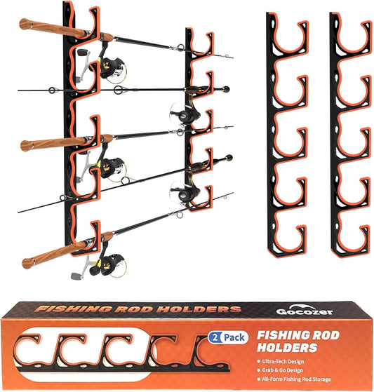 Fishing Rod Holder for Garage, H5 Wall or Ceiling Mounted Fishing Pole Holders with Soft Protective Pad, Fishing Rod Storage Organizer, Horizontal Fishing Rod Wall Mount Nets Storage (2 PACK)