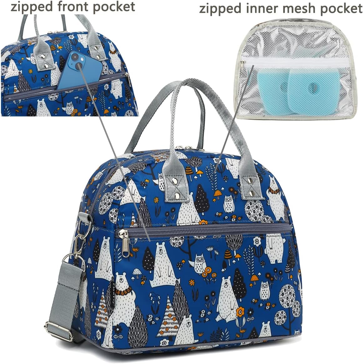 FlowFly Insulated Lunch Bag With Shoulder Strap for Women, Men, and Kids, Large and Reusable, Handle, Freezable Work and School Travel Tote and Meal Prep Organizer,Owl