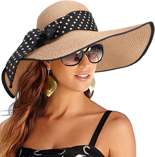 DRESHOW Beach Hats for Women Big Straw Wide Brim Summer Hat Floppy Foldable Roll up Cap Sun Hat UPF 50+