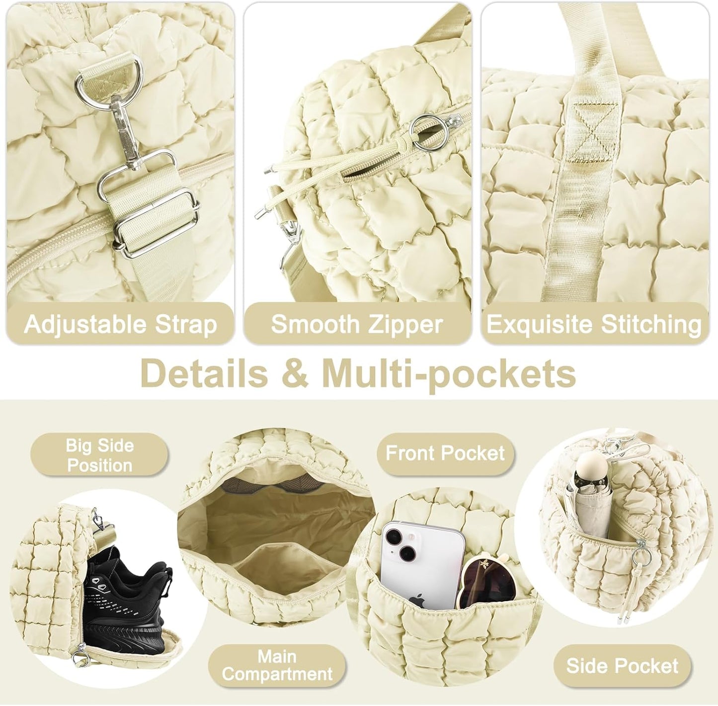 Quilted Travel Duffle Bag Gym Bag for Women,Large Puffer Duffle Weekender Bag with Compartment,Workout Overnight Carry on Organizer Bag Duffle Bag for Airplane Travel(L-Off-white)