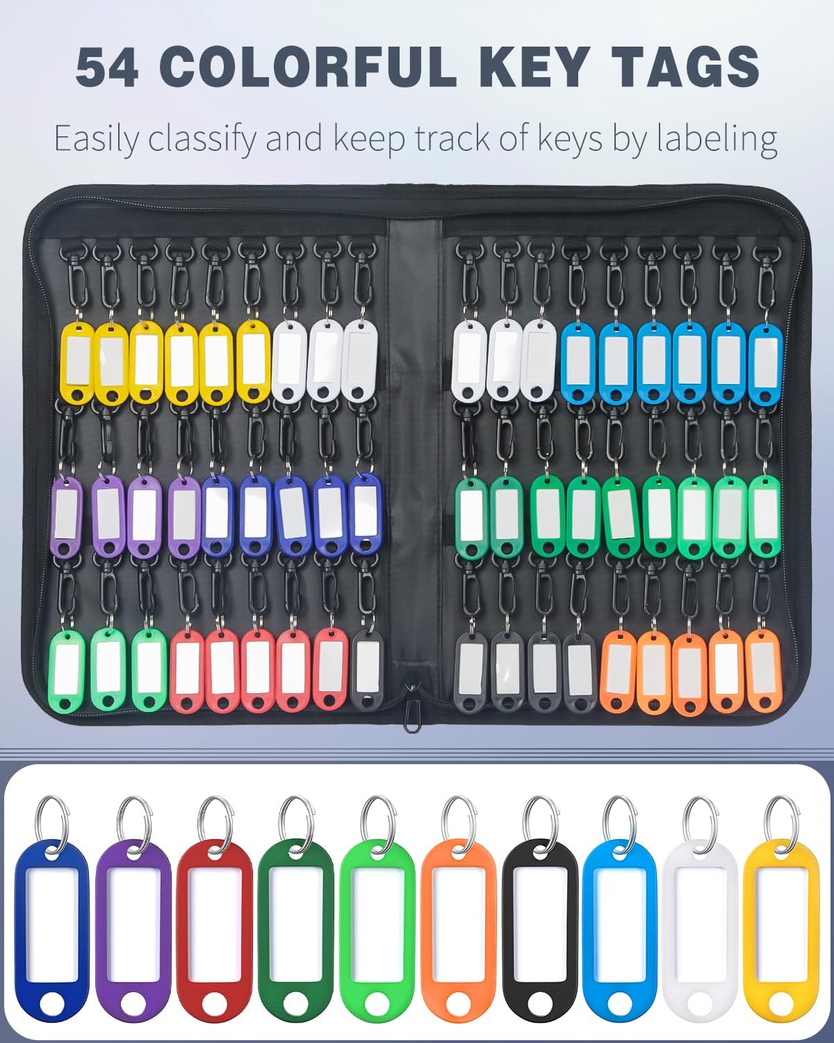 Uniclife Portable Zippered Key Case Waterproof and Fireproof Key Organizer with 54 Colorful Key Tags and Hooks Key Storage Book for Offices Real Estate Agencies Hotels and Rental Management