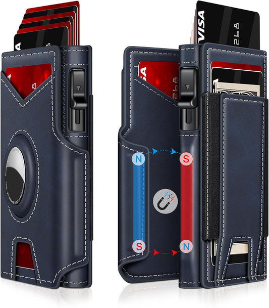 Airtag Wallet for Men, Minimalist Slim Mens Wallet Smart Pop Up Credit Card Holder for 9-13 Cards, RFID Blocking Wallet with ID Window & Cash Slot, Compact Bifold Metal Aluminum Card Case