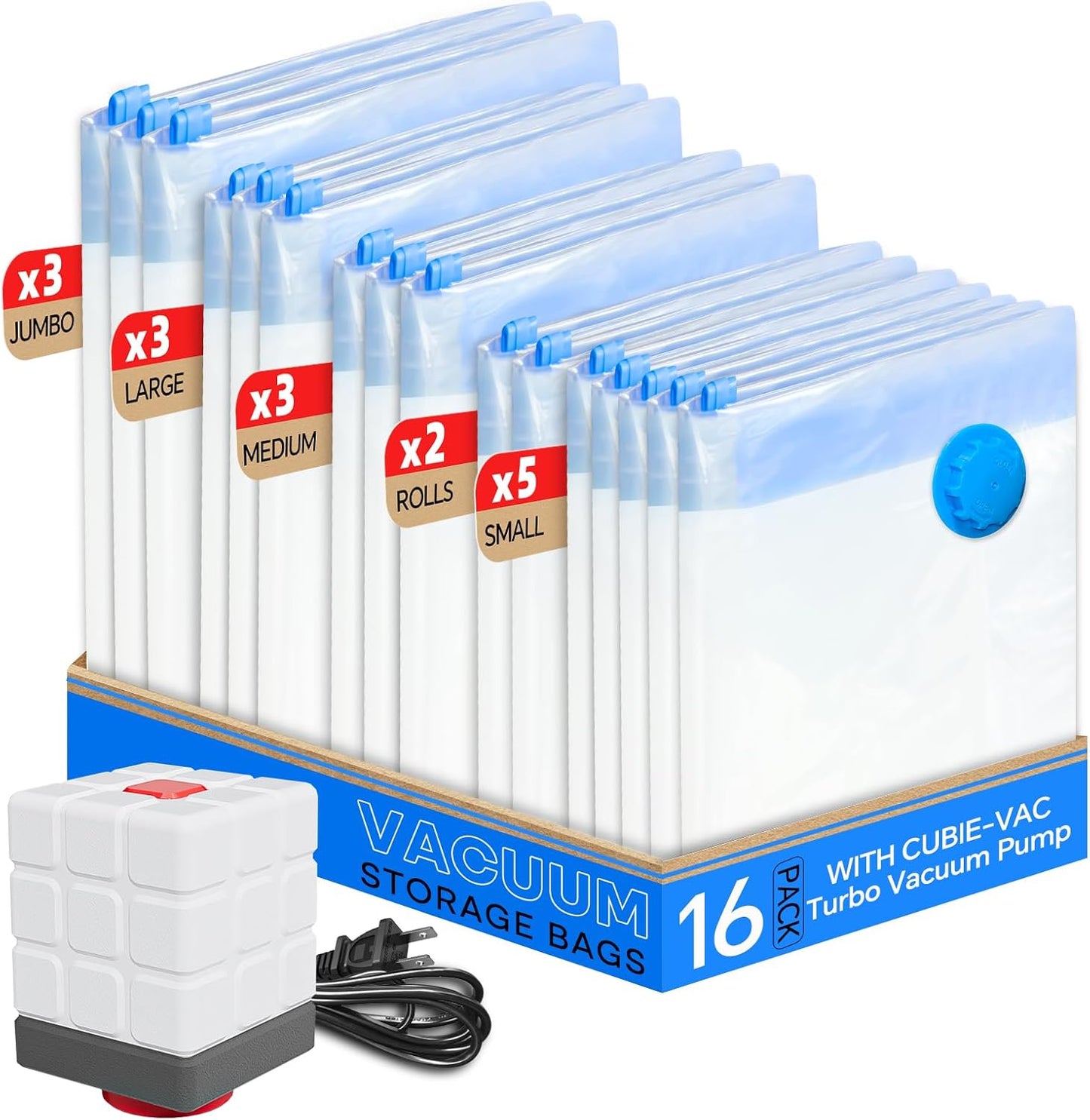 Vacuum Storage Bags for Clothing, 16 Pack Vacuum Seal Bags (3 Jumbo, 3 Large, 3 Medium, 5 Small, 2 Roll) for Clothes Comforters Blankets, Space Saver Bag with Electric Pump (2025 Upgrade)