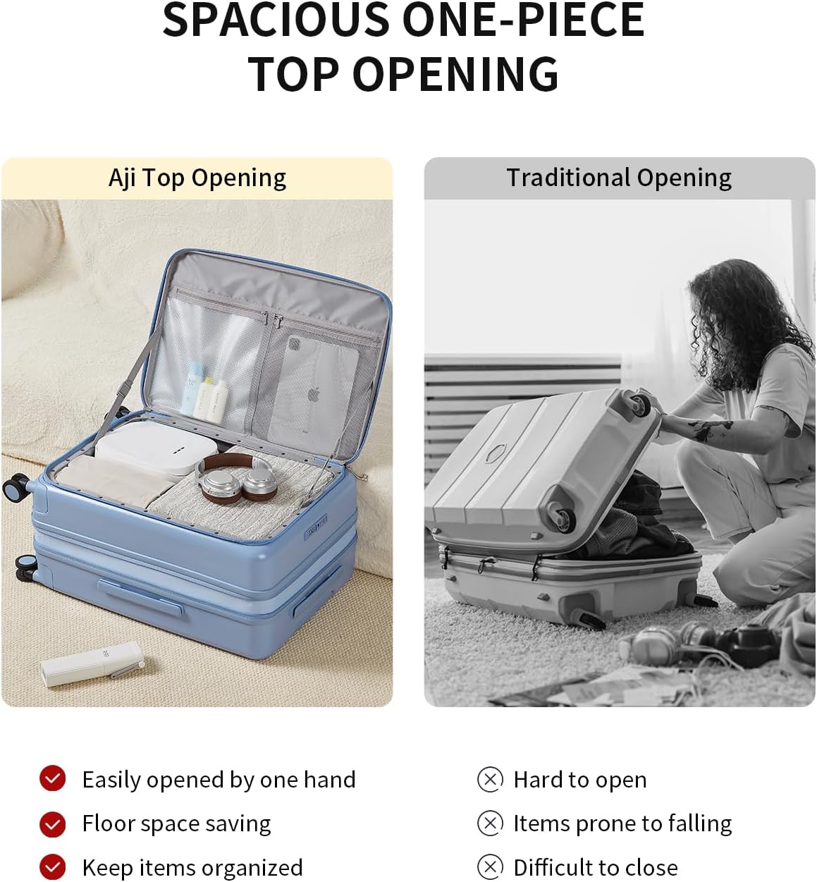 aji Expandable Top Open 26 Inch Checked Luggage with Spinner Wheels, Large Suitcase with TSA Lock, Hardside Travel Luggage Suitcases for Men Women, for 24+Days Travel, Blueberry Blue