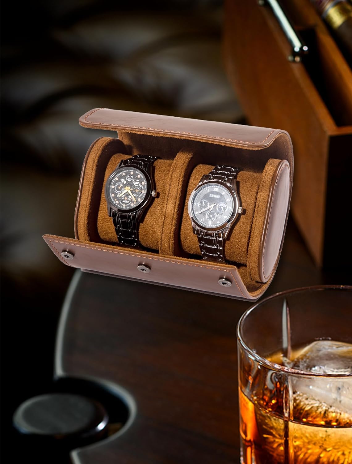 MR.OKAY 2 Watch Travel Case-Classic Leather Watch Case With Superb Texture.Portable Watch Roll Or Organizer For Storage And Display. Travel Gift for Men, All Handmade By Leather Craftsmen.