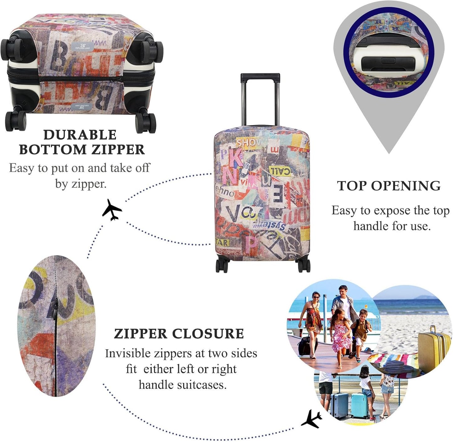 Explore Land Travel Luggage Cover Suitcase Protector Fits 18-22 Inch Case (Retro Pictorial, S)