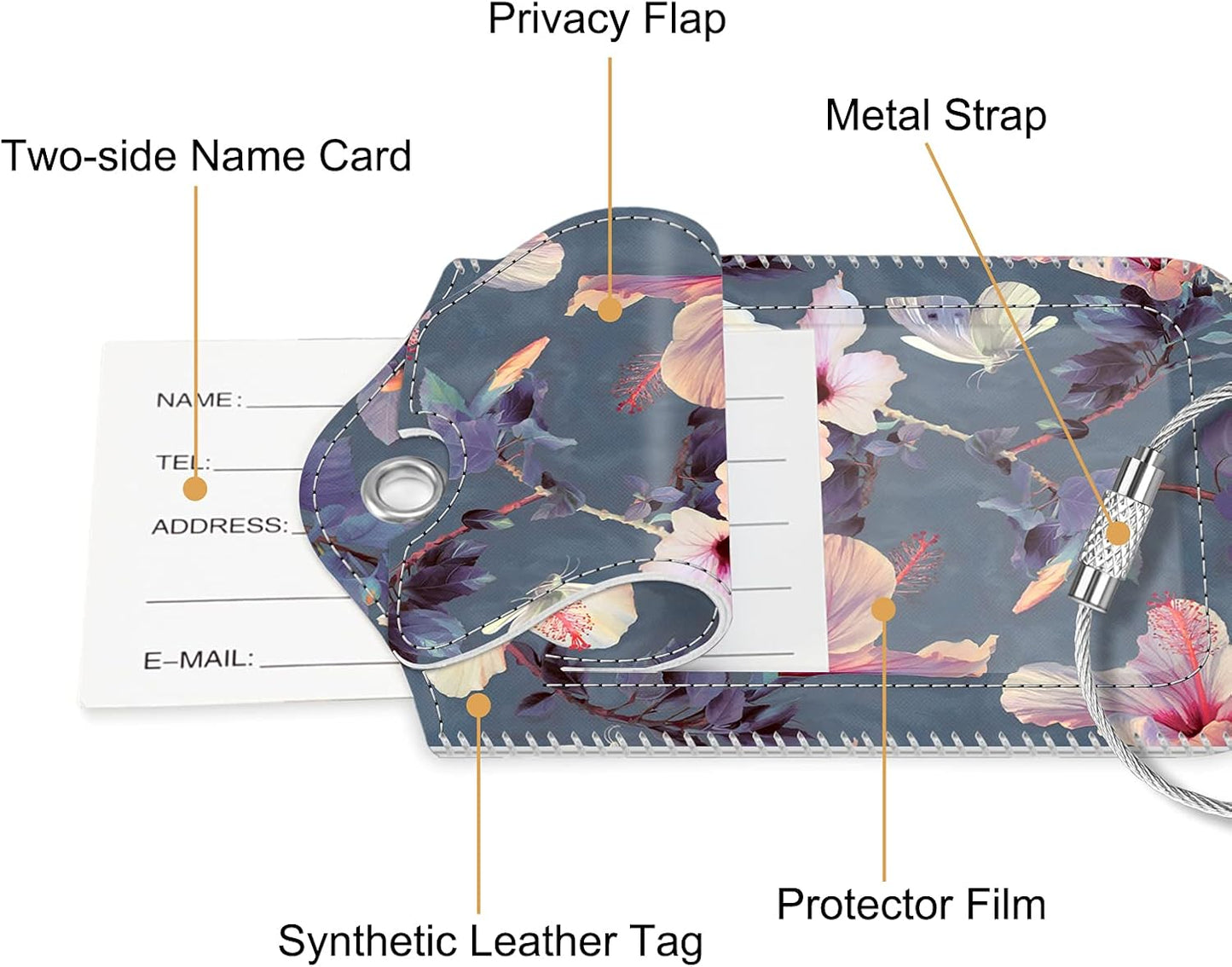 Fintie Luggage Tags, Privacy Cover ID Label with Stainless Steel Loop and Address Card for Travel Bag Suitcase - Blooming Hibiscus (2 Piece)