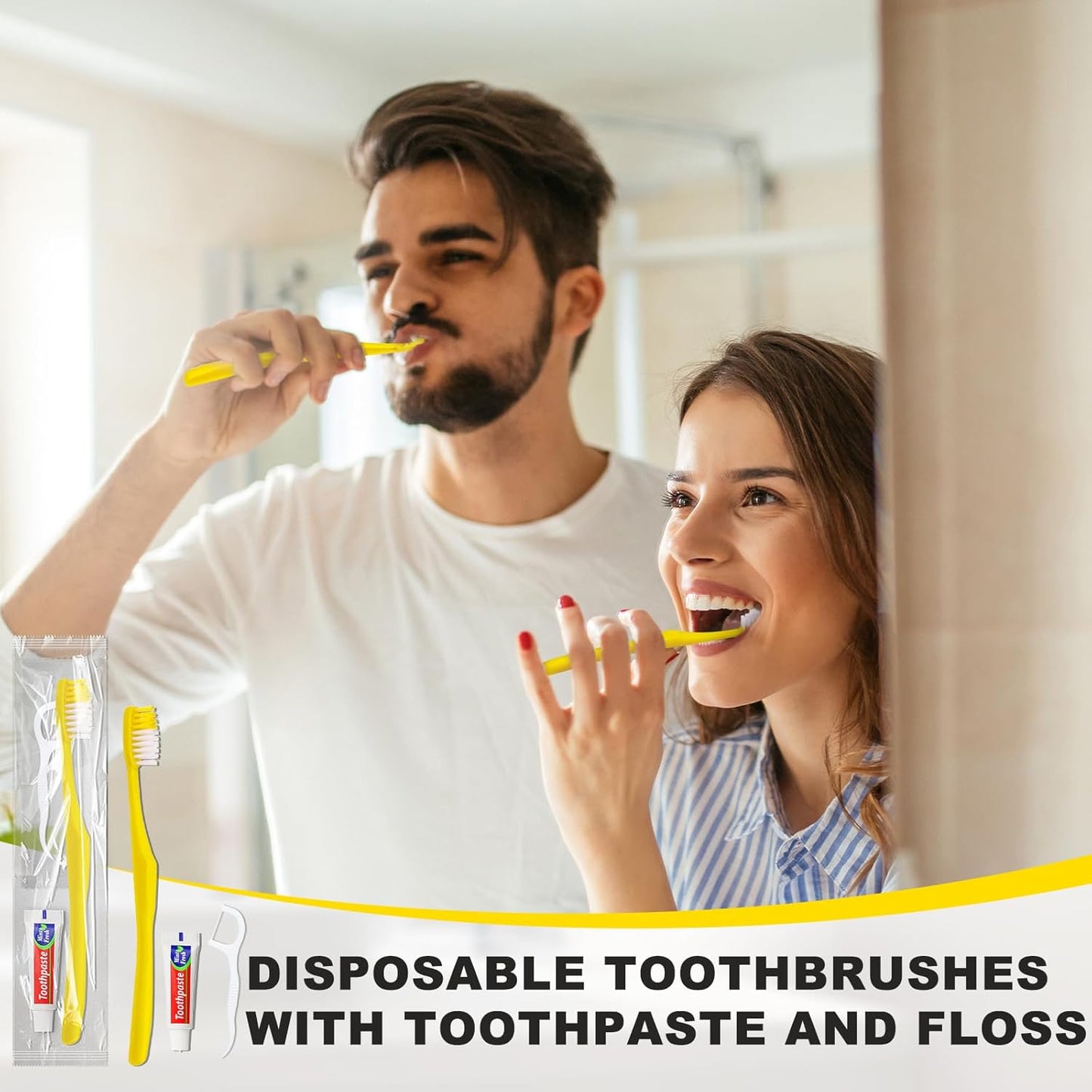 50 pcs Disposable Toothbrushes with Toothpaste and Floss,Yellow Bulk Single Use Toothbrush Floss Pick Individually Wrapped Disposable Travel Toothbrushes Kit for Homeless,Airbnb,Hotel,Guest
