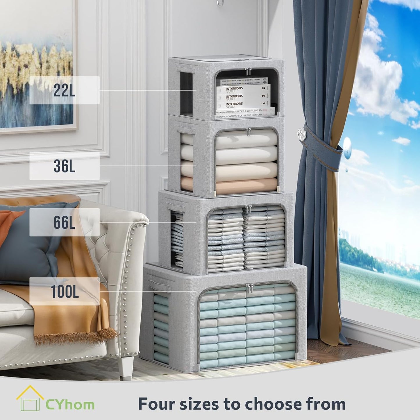 4 Pack Clothes Storage Bins with Metal Frame - Linen Fabric Foldable Stackable Container Organizer Set with Clear Window & Carry Handles & Zippers (Light Grey, 15.7"x11.8"x7.8")