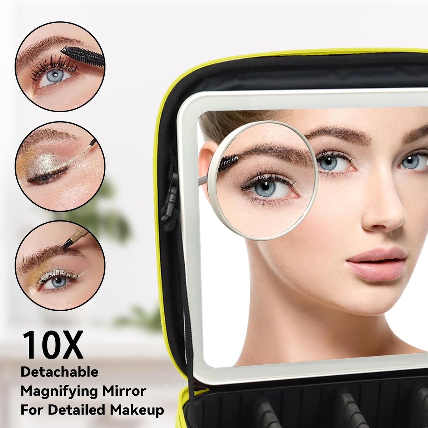 Travel Makeup Bag with LED Mirror and 10x magnifying glass with 3 Lighted Settings, Adjustable Dividers and Makeup Brush Storage Bag Yellow