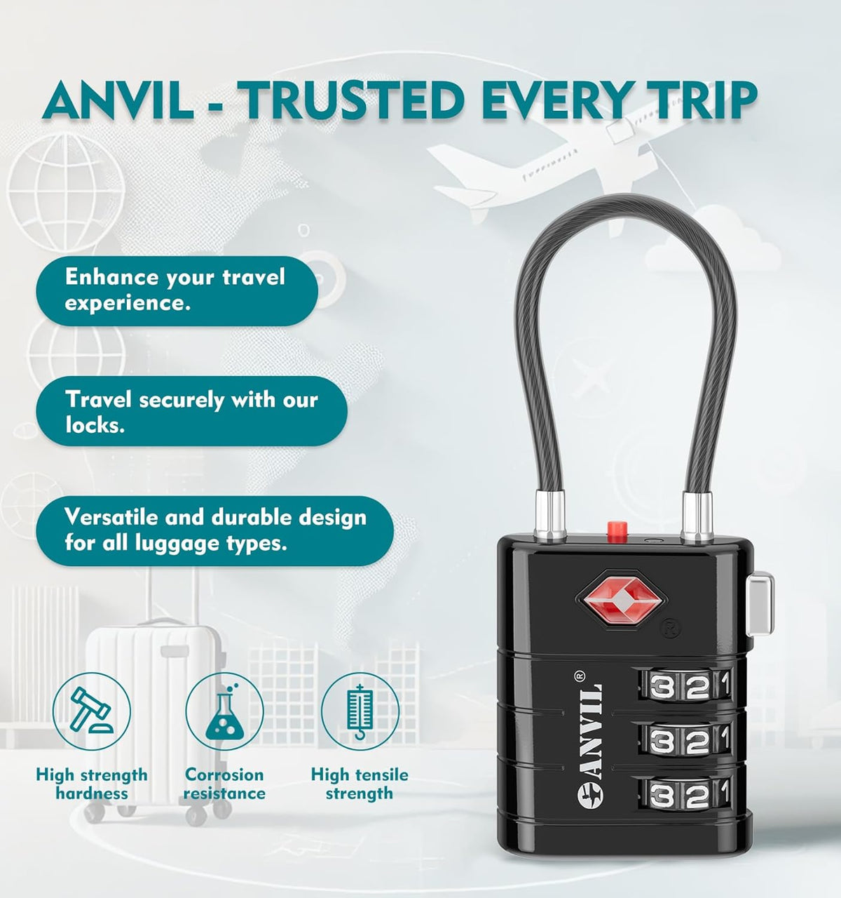 ANVIL TSA Approved Luggage Locks – High Security TSA008 Combination Travel Locks with Inspection Indicator for Suitcases and Backpacks. (4, Black)
