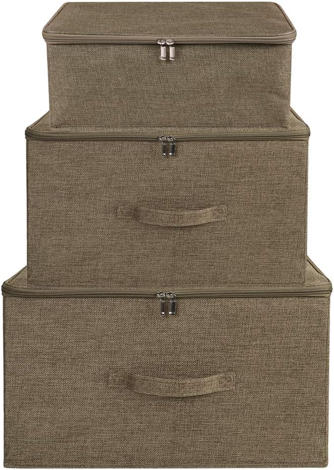 ANMINY 3PCS Storage Bins with Zipper Lids 13 Qt Lidded Fabric Storage Boxes Baskets Cubes with Handles Collapsible Washable Cotton Linen Closet Shelf Clothes Organizer Containers - Coffee, Small
