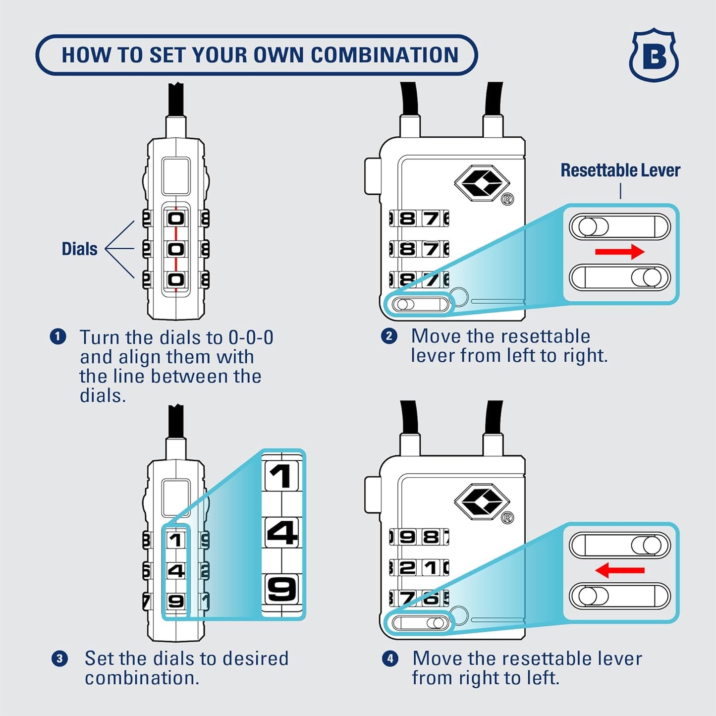 Brinks TSA Accepted Indicator Luggage Lock, Black - Ressetable Combination, 2.5 inch Long Shackle, New More Secure TSA008 Key, 4 Pack