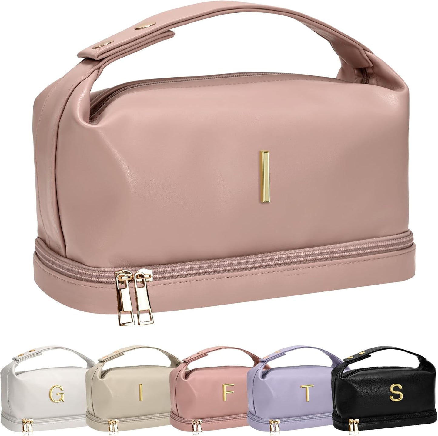 Birthday Gifts for Women, Personalized Makeup Bag with Handle, Initial Double Layer Cosmetic Bag with Makeup Brush Organizer, PU Leather Travel Toiletry Bag, Gifts for Friends Female Mom