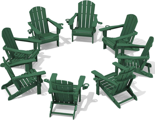 SERWALL Adirondack Chair with Cup Holders - Composite Adirondack Chairs Set of 8 HDPE Outdoor Chairs All Weather Use- Green